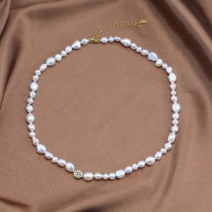 925 Sterling Silver Baroque Fresh Water Pearl Zirconia Necklace 80100053