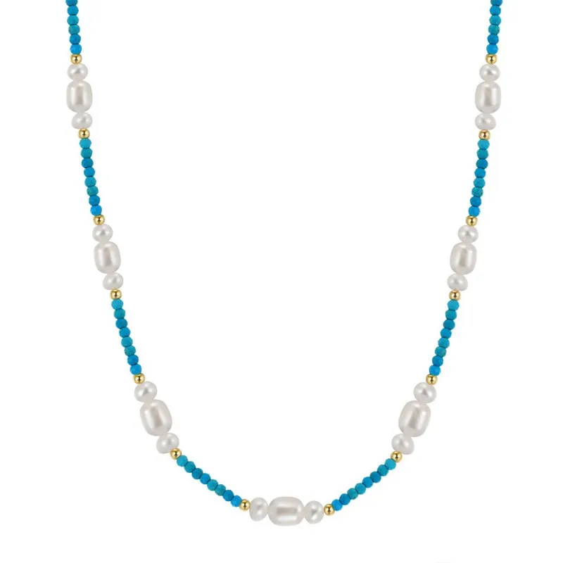 925 Sterling Silver Turquoise Fresh Water Pearl Necklace 80100054