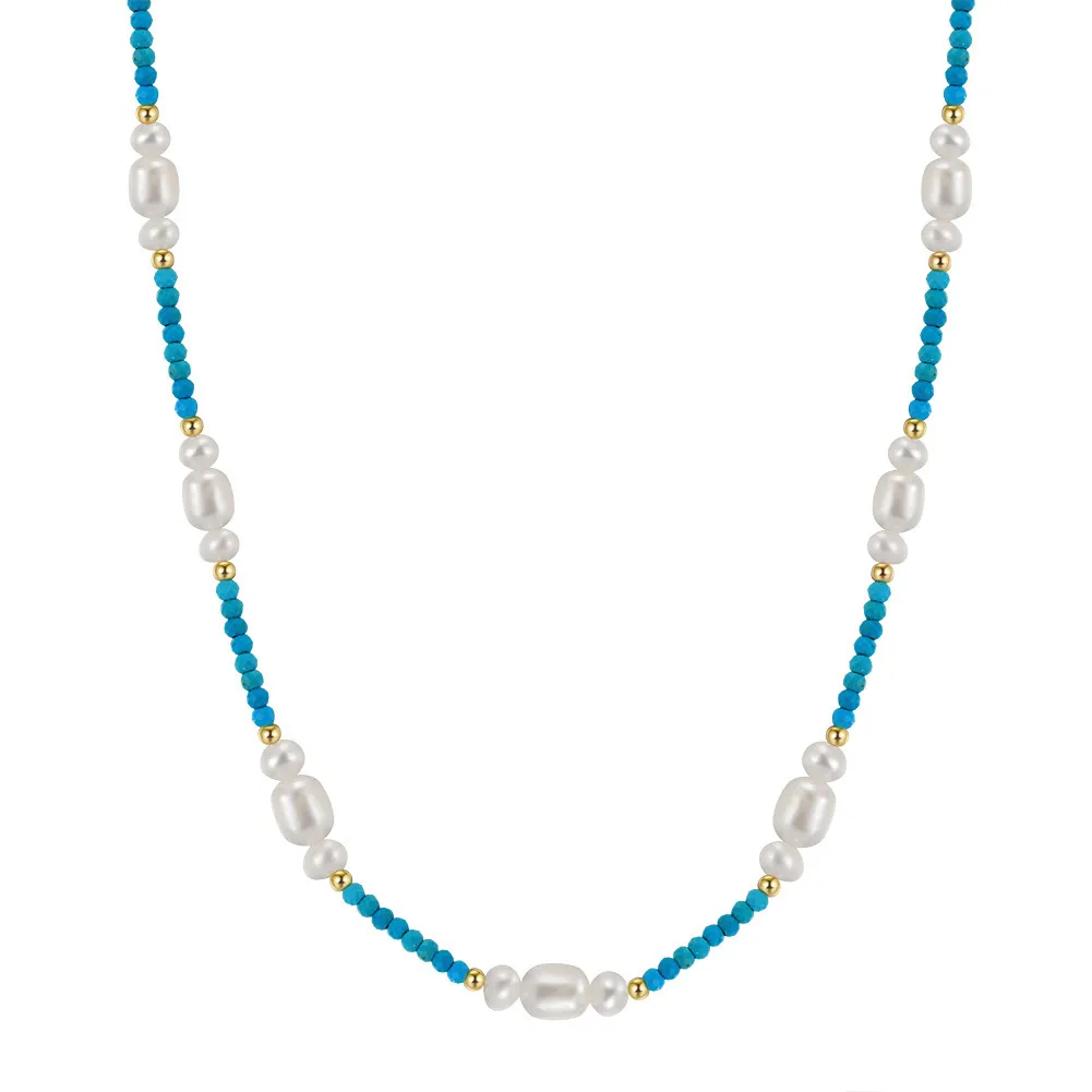 925 Sterling Silver Turquoise Fresh Water Pearl Necklace 80100054