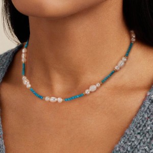 925 Sterling Silver Turquoise Fresh Water Pearl Necklace 80100054