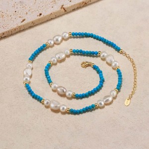 925 Sterling Silver Turquoise Fresh Water Pearl Necklace 80100054