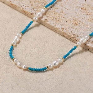 925 Sterling Silver Turquoise Fresh Water Pearl Necklace 80100054