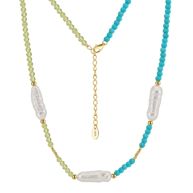S925 Holiday Turquoise Olivine Braoque Fresh Water Pearl Necklace 80100059