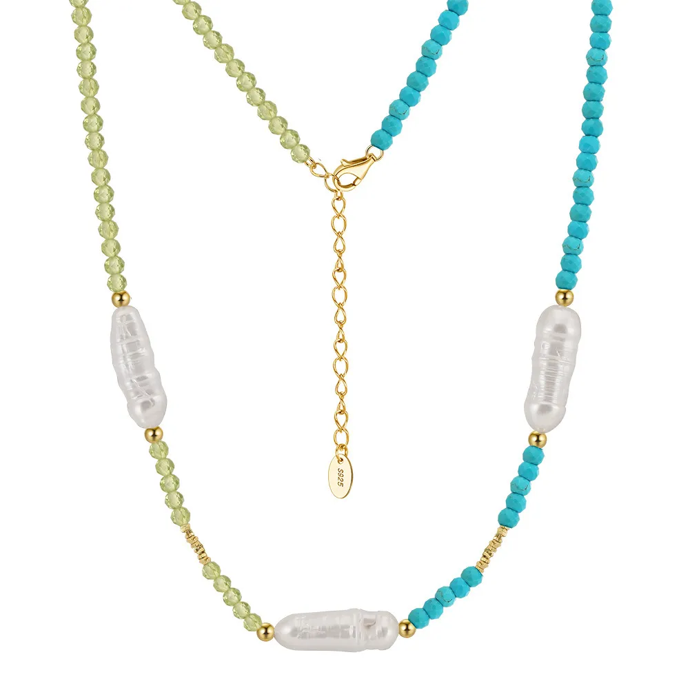 S925 Holiday Turquoise Olivine Braoque Fresh Water Pearl Necklace 80100059