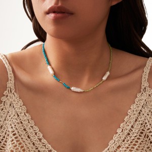 S925 Holiday Turquoise Olivine Braoque Fresh Water Pearl Necklace 80100059