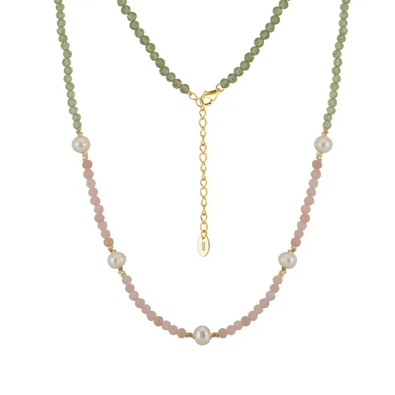 S925 Pink Opal Olivine Fresh Water Pearl Necklace 80100060
