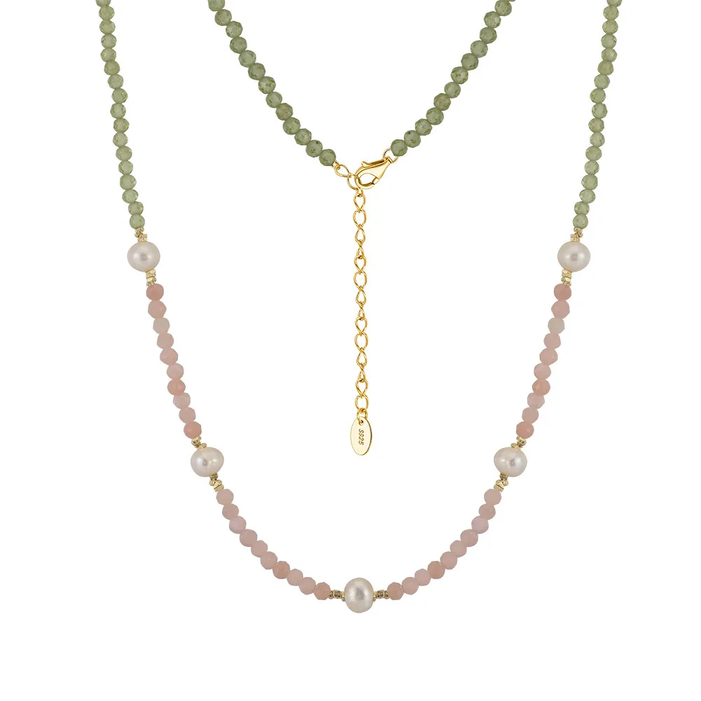 S925 Pink Opal Olivine Fresh Water Pearl Necklace 80100060