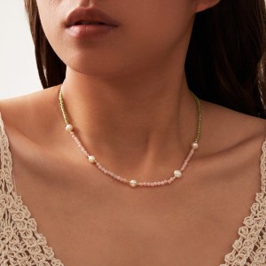 S925 Pink Opal Olivine Fresh Water Pearl Necklace 80100060