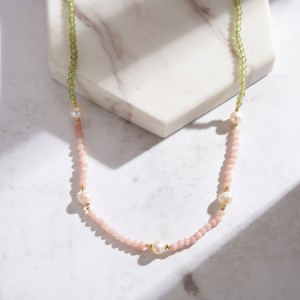 S925 Pink Opal Olivine Fresh Water Pearl Necklace 80100060