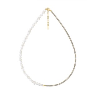 925 Sterling Silver Fresh Water Pearl Zirconia Tennis Necklace 80100071