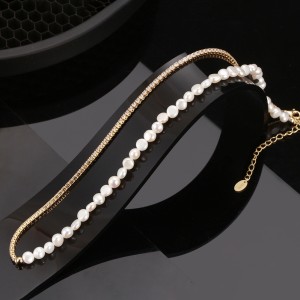 925 Sterling Silver Fresh Water Pearl Zirconia Tennis Necklace 80100071