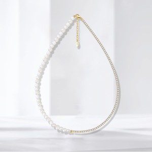 925 Sterling Silver Fresh Water Pearl Zirconia Tennis Necklace 80100071