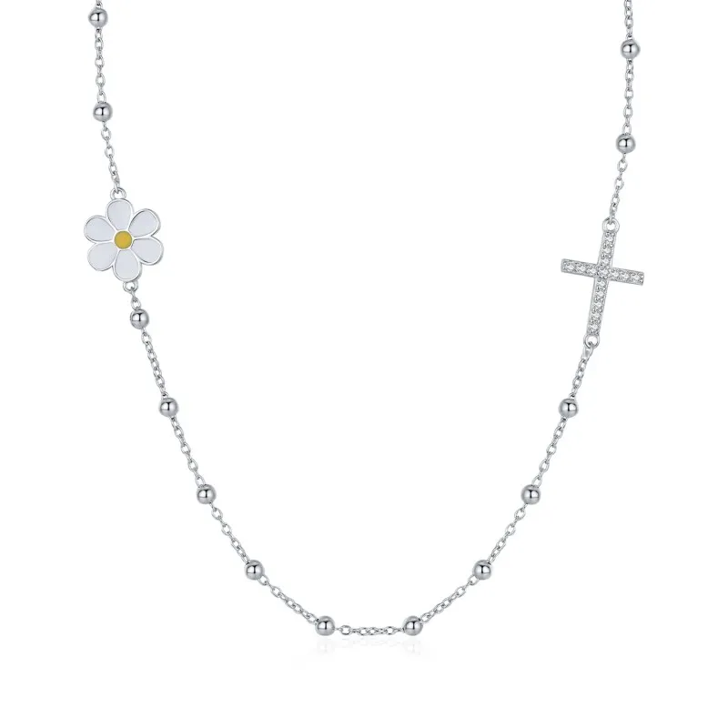 925 Sterling Silver Daisy Cross Choker Necklace 80100081