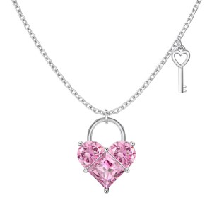 925 Sterling Silver Pink Zirconia Key Heart Necklace 80200228