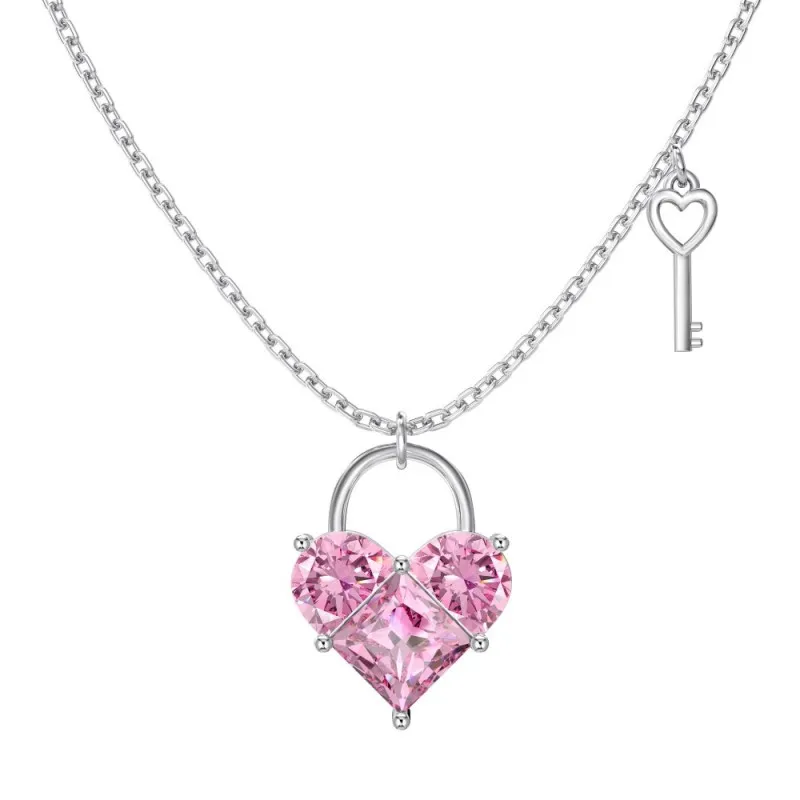 925 Sterling Silver Pink Zirconia Key Heart Necklace 80200228