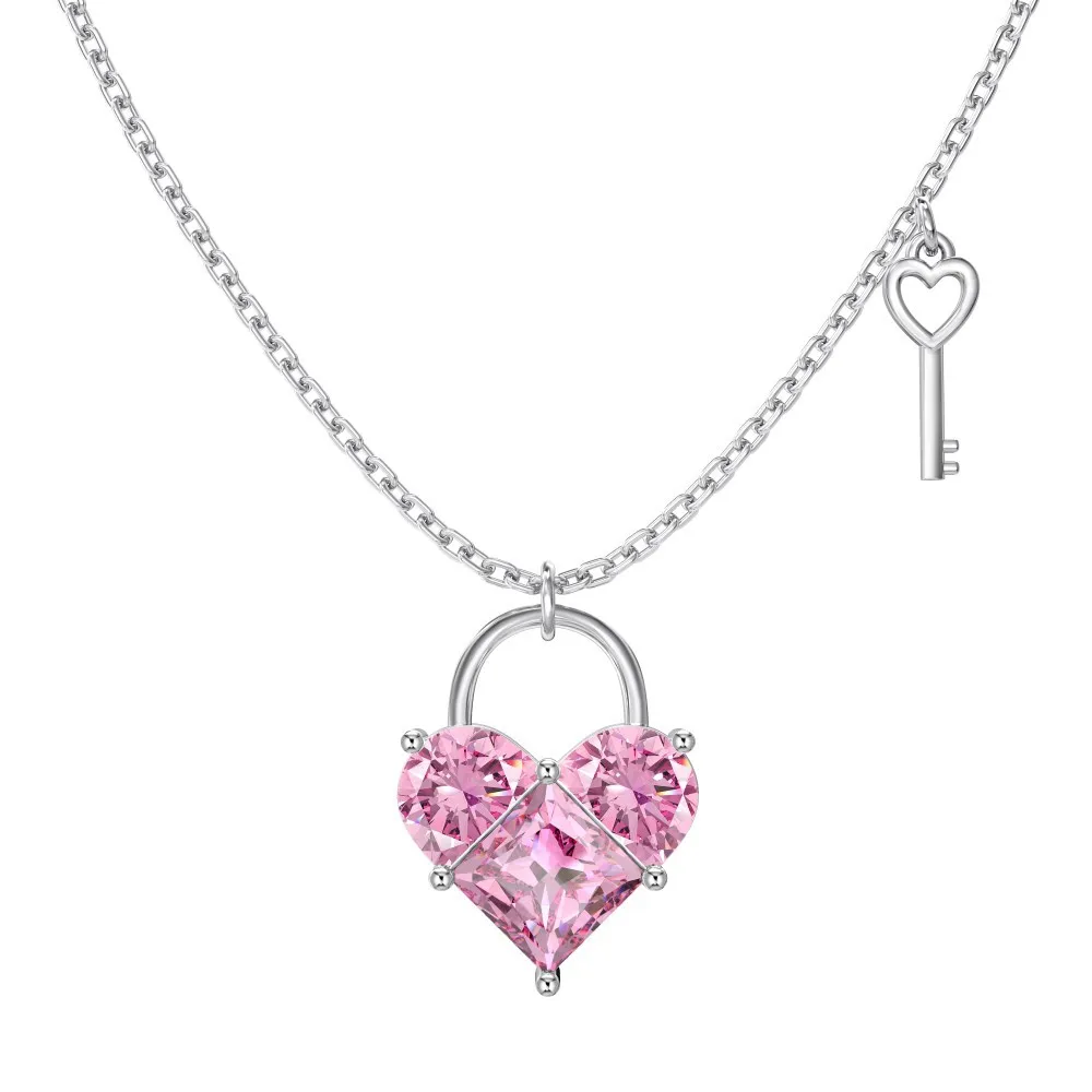 925 Sterling Silver Pink Zirconia Key Heart Necklace 80200228