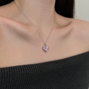 925 Sterling Silver Pink Zirconia Key Heart Necklace 80200228