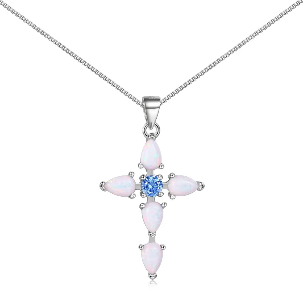 S925 Sparkle Pear-shaped Opal Cross Necklace 80200307