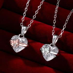 925 Sterling Silver Zirconia Heart Bow Necklace 80200318