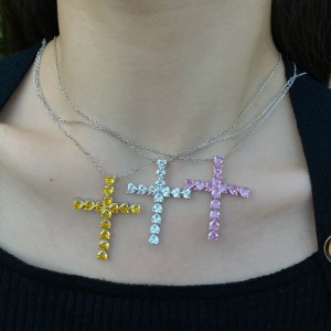 925 Sterling Silver 5A Heart Zirconia Cross Necklace 80200325