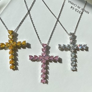 925 Sterling Silver 5A Heart Zirconia Cross Necklace 80200325