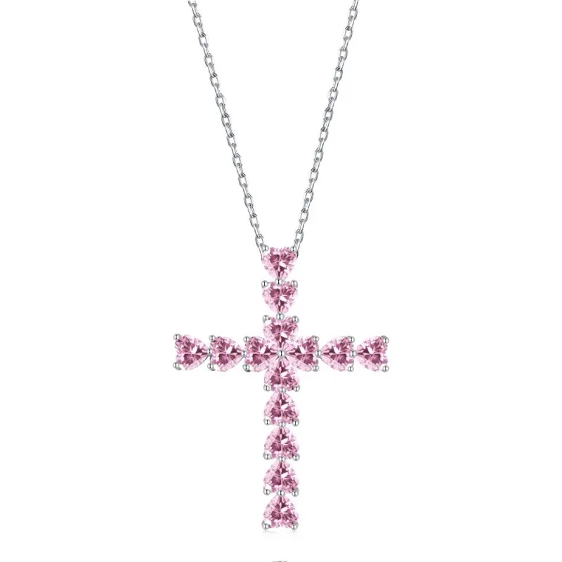 925 Sterling Silver 5A Heart Zirconia Cross Necklace 80200325