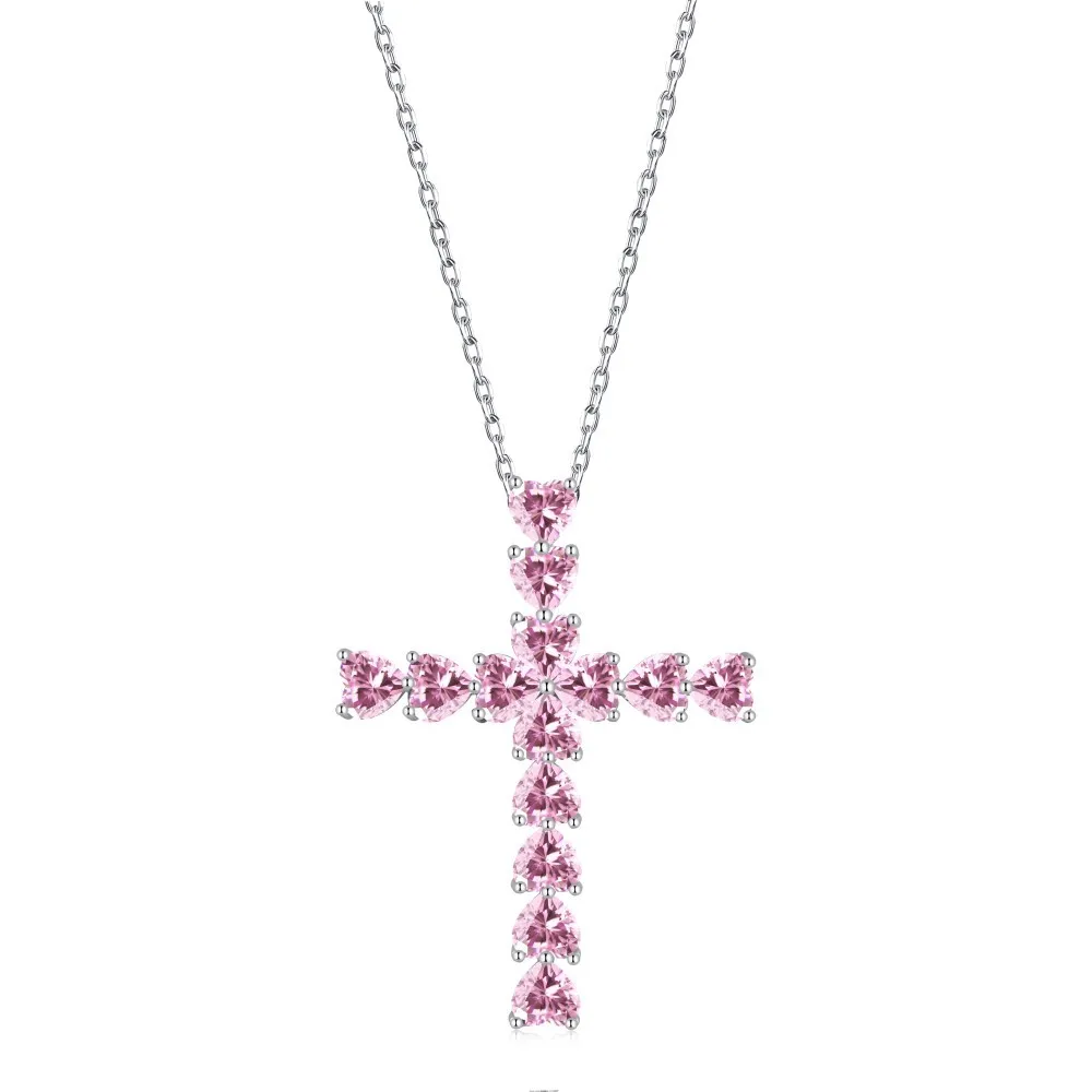 925 Sterling Silver 5A Heart Zirconia Cross Necklace 80200325