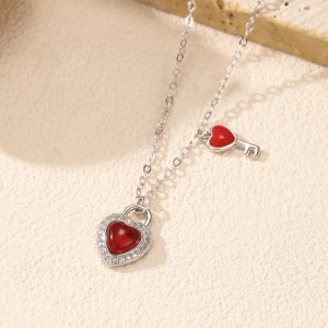 S925 Imitation Garnet Heart Key Necklace 80200368