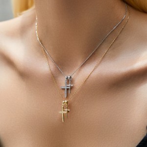 S925 Zirconia Double Cross Pendant Necklace 80200374
