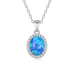 925 Sterling Silver Oval Opal Zircon Halo Pendant Necklace 80200401