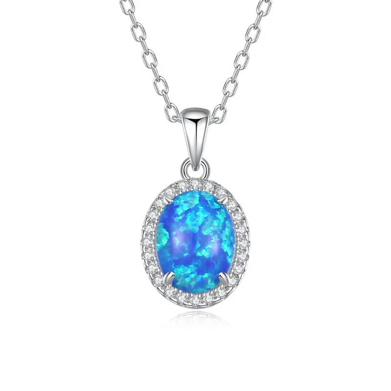 925 Sterling Silver Oval Opal Zircon Halo Pendant Necklace 80200401