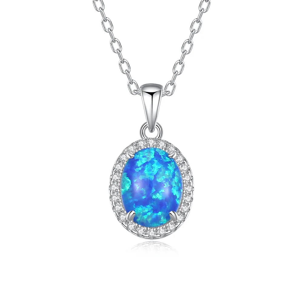 925 Sterling Silver Oval Opal Zircon Halo Pendant Necklace 80200401
