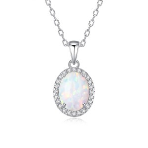925 Sterling Silver Oval Opal Zircon Halo Pendant Necklace 80200401