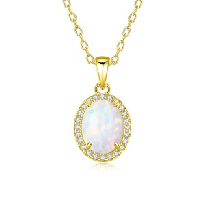 925 Sterling Silver Oval Opal Zircon Halo Pendant Necklace 80200401