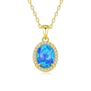 925 Sterling Silver Oval Opal Zircon Halo Pendant Necklace 80200401