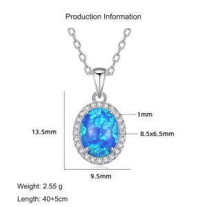 925 Sterling Silver Oval Opal Zircon Halo Pendant Necklace 80200401