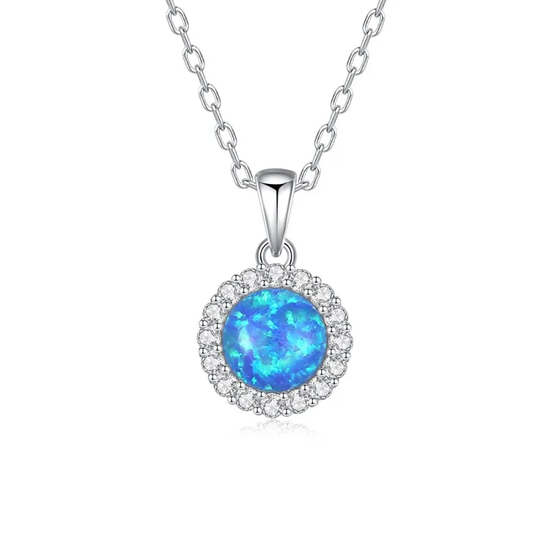 925 Sterling Silver Round Opal Zircon Halo Pendant Necklace 80200402