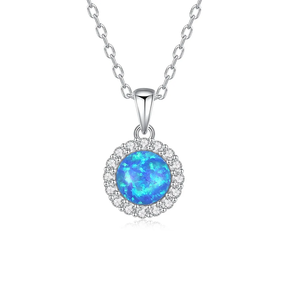 925 Sterling Silver Round Opal Zircon Halo Pendant Necklace 80200402