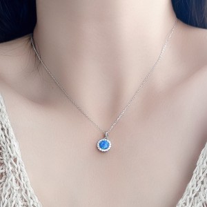 925 Sterling Silver Round Opal Zircon Halo Pendant Necklace 80200402