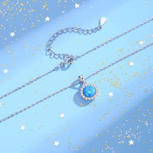 925 Sterling Silver Round Opal Zircon Halo Pendant Necklace 80200402