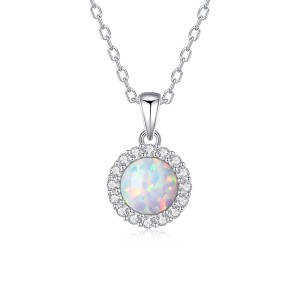 925 Sterling Silver Round Opal Zircon Halo Pendant Necklace 80200402