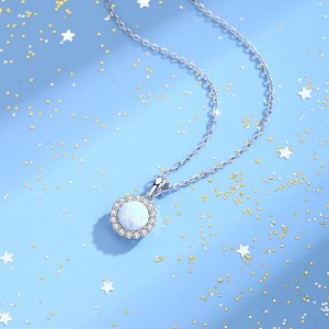 925 Sterling Silver Round Opal Zircon Halo Pendant Necklace 80200402