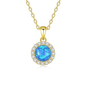 925 Sterling Silver Round Opal Zircon Halo Pendant Necklace 80200402