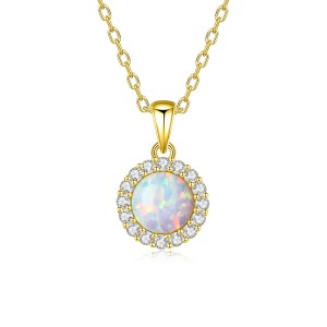 925 Sterling Silver Round Opal Zircon Halo Pendant Necklace 80200402