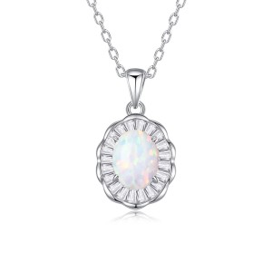 925 Sterling Silver White-Blue Opal Pendant Necklace 80200405