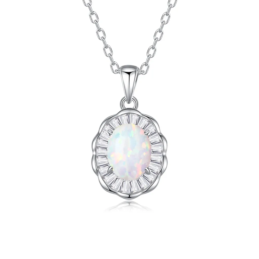 925 Sterling Silver White-Blue Opal Pendant Necklace 80200405