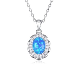 925 Sterling Silver White-Blue Opal Pendant Necklace 80200405
