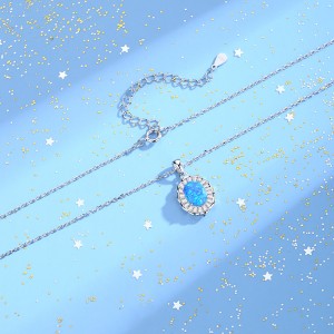 925 Sterling Silver White-Blue Opal Pendant Necklace 80200405