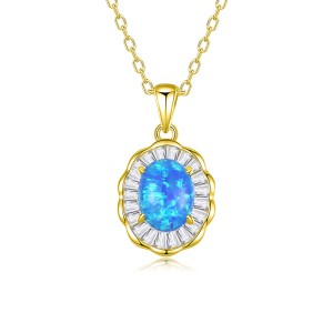 925 Sterling Silver White-Blue Opal Pendant Necklace 80200405