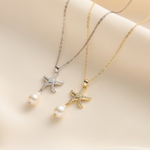 S925 Fresh Water Pearl Zirconia Starfish Necklace 80200415